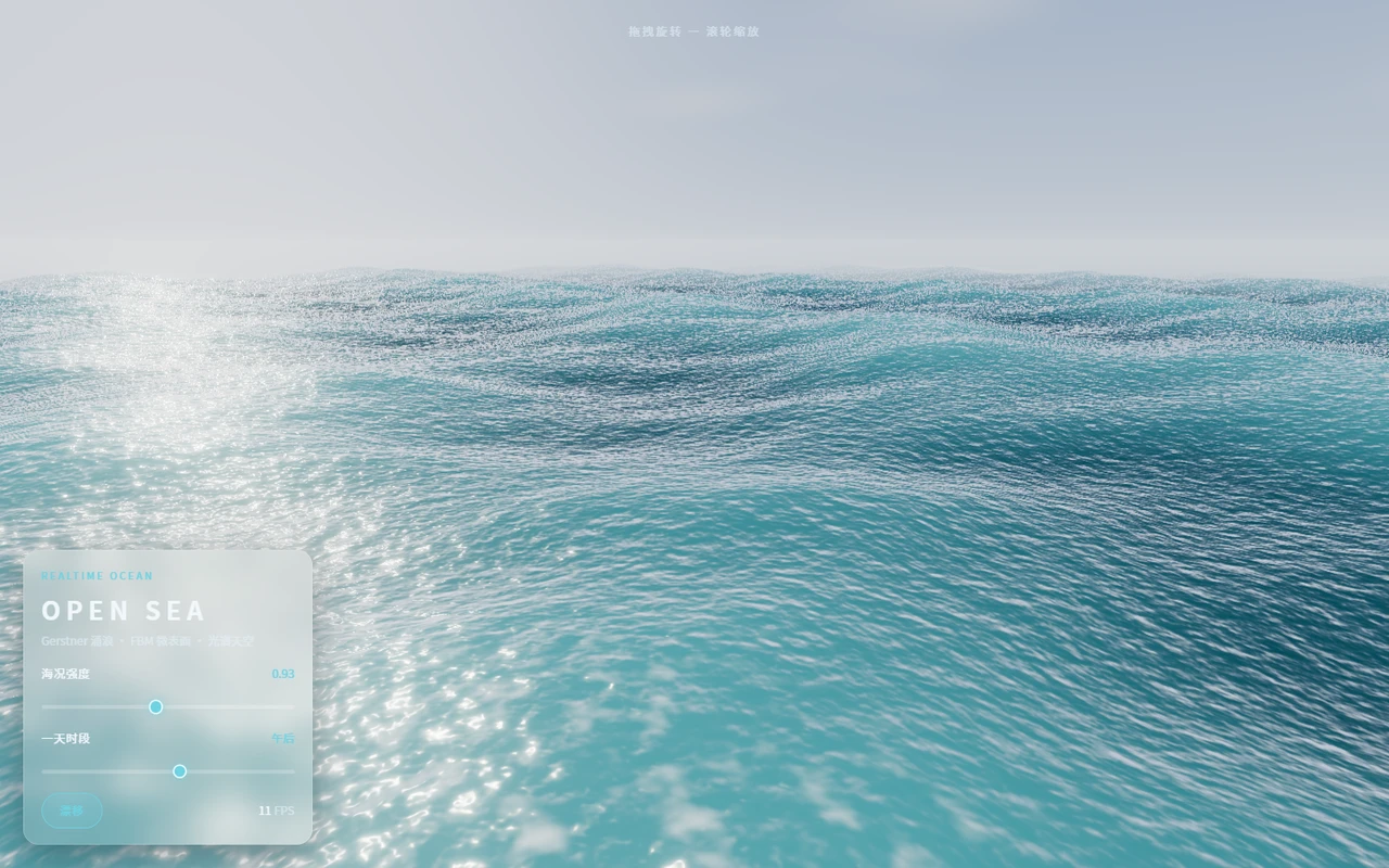 OPEN SEA 实时海洋渲染预览 - 在线 WebGPU Gerstner 涌浪海面与光谱天空可视化界面